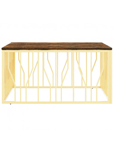 Tavolino Salotto Oro in Acciaio e Legno Massello di Recupero