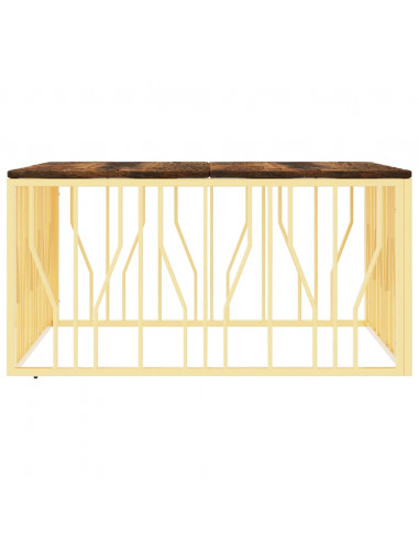 Tavolino Salotto Oro in Acciaio e Legno Massello di Recupero