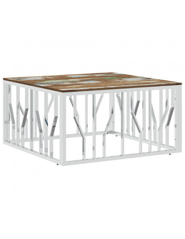 Tavolino Salotto Argento in Acciaio Inox e Legno di Recupero