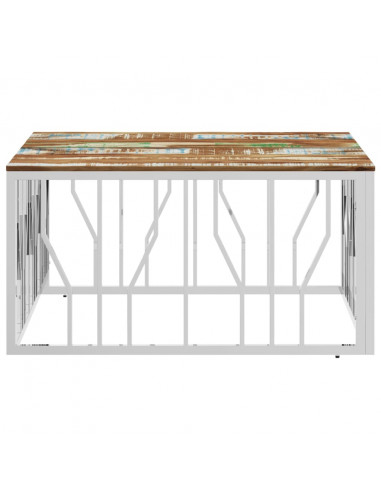 Tavolino Salotto Argento in Acciaio Inox e Legno di Recupero