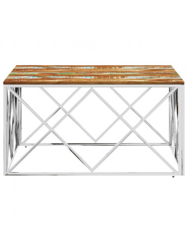 Tavolino Salotto Argento in Acciaio Inox e Legno di Recupero