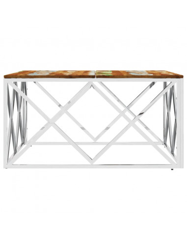 Tavolino Salotto Argento in Acciaio Inox e Legno di Recupero