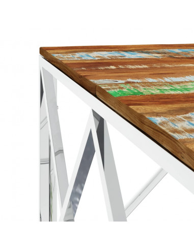 Tavolino Salotto Argento in Acciaio Inox e Legno di Recupero