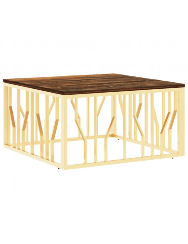 Tavolino Salotto Oro in Acciaio e Legno Massello di Recupero