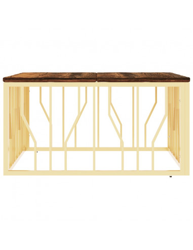 Tavolino Salotto Oro in Acciaio e Legno Massello di Recupero