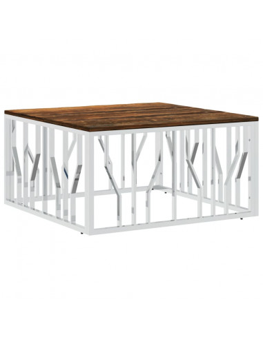 Tavolino Salotto Argento in Acciaio Inox e Legno di Recupero