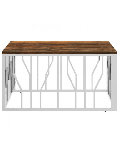 Tavolino Salotto Argento in Acciaio Inox e Legno di Recupero