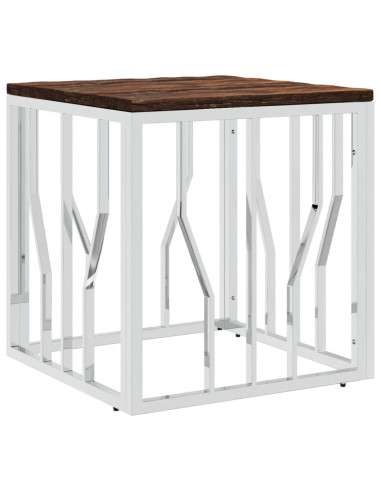 Tavolino Salotto Argento in Acciaio Inox e Legno di Recupero