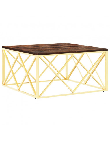 Tavolino Salotto Oro in Acciaio e Legno Massello di Recupero