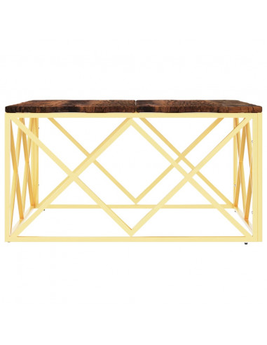 Tavolino Salotto Oro in Acciaio e Legno Massello di Recupero