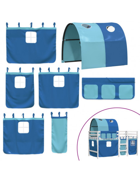 Letto a Soppalco con Tunnel Bambini Blu 80x200cm Massello Pino