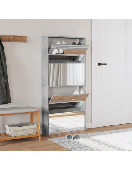 Scarpiera con Specchio a 4 Livelli Grigio Cemento 63x17x134 cm