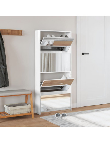 Scarpiera con Specchio a 4 Livelli Bianco lucido 63x17x134 cm
