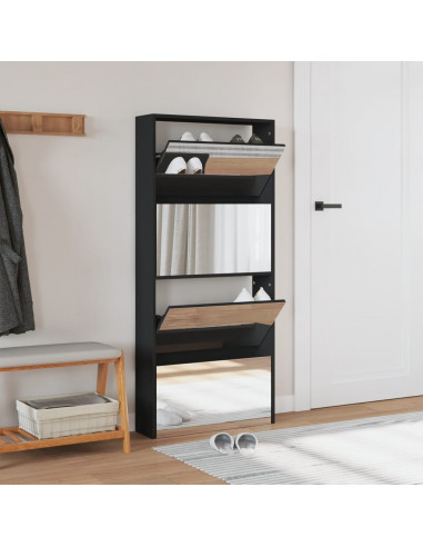 Scarpiera con Specchio a 4 Livelli Nera 63x17x134 cm