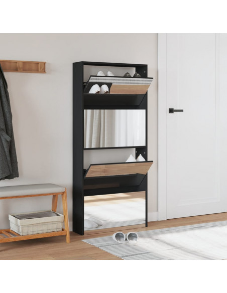 Scarpiera con Specchio a 4 Livelli Nera 63x17x134 cm
