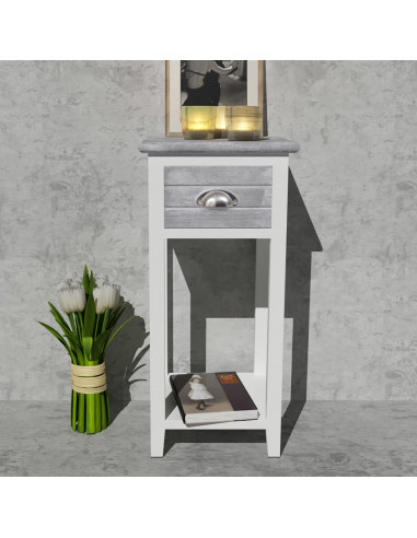 Comodino con 1 Cassetto Grigio e Bianco