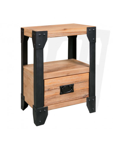 Comodino in Massello di Acacia e Acciaio 40x30x54 cm