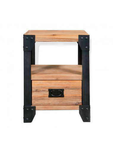 Comodino in Massello di Acacia e Acciaio 40x30x54 cm