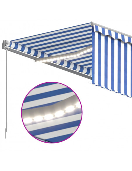 Tenda Sole Retrattile Manuale con LED 4x3m Blu e Bianco