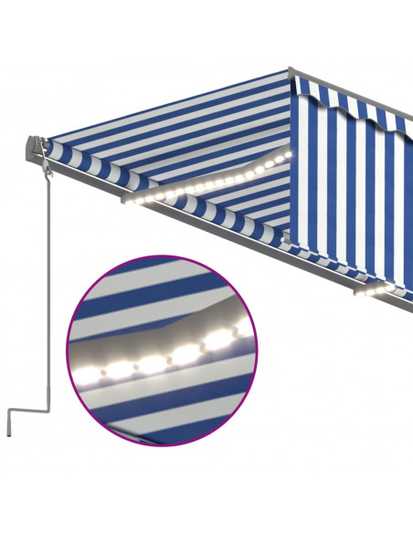 Tenda Sole Retrattile Manuale con LED 5x3m Blu e Bianco