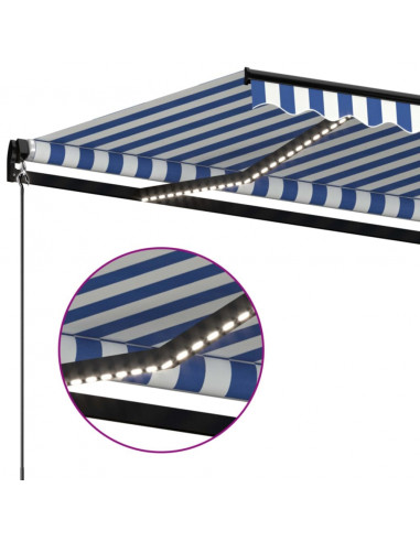 Tenda da Sole Retrattile Manuale con LED 600x350 cm Blu Bianco