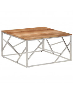 Tavolino Salotto Argento Acciaio Inox e Legno Massello Acacia 2
