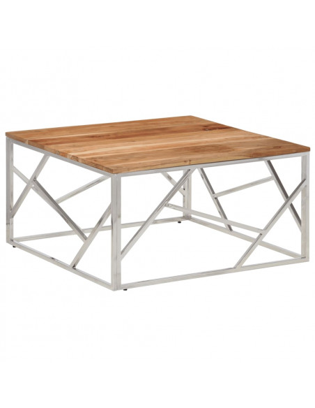 Tavolino Salotto Argento Acciaio Inox e Legno Massello Acacia