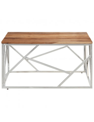 Tavolino Salotto Argento Acciaio Inox e Legno Massello Acacia