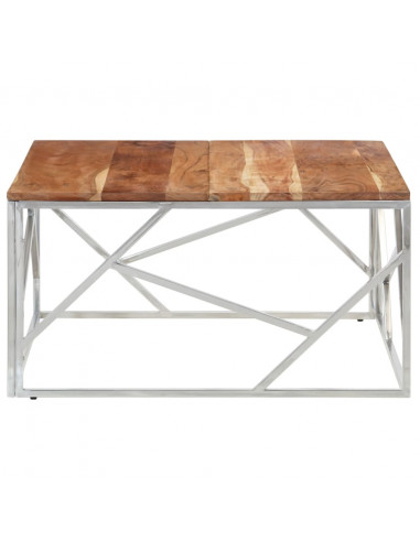 Tavolino Salotto Argento Acciaio Inox e Legno Massello Acacia