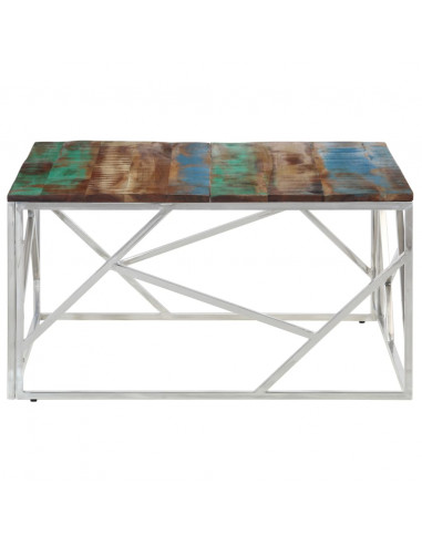 Tavolino Salotto Argento in Acciaio Inox e Legno di Recupero