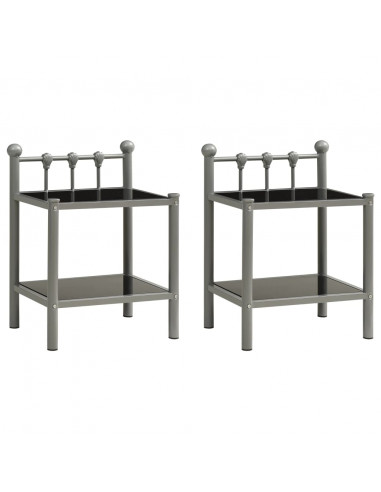 Comodini 2 pz Grigio e Nero in Metallo e Vetro