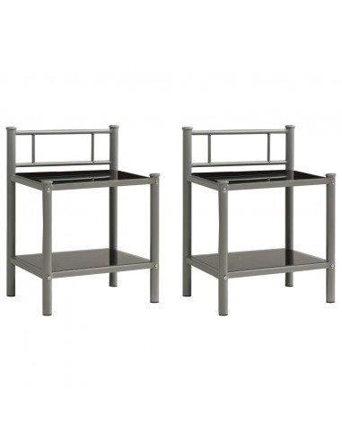 Comodini 2 pz Grigio e Nero in Metallo e Vetro