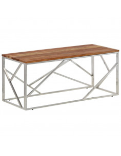 Tavolino Salotto Argento Acciaio Inox e Legno Massello Acacia 2