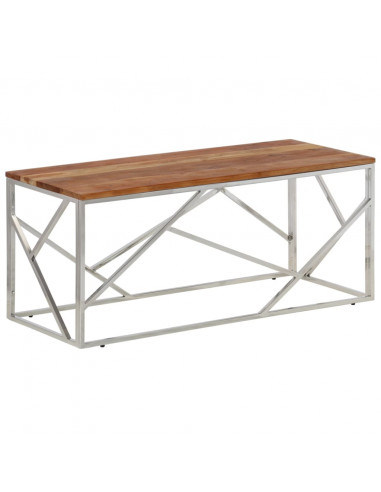 Tavolino Salotto Argento Acciaio Inox e Legno Massello Acacia