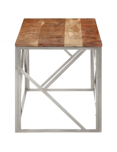 Tavolino Salotto Argento Acciaio Inox e Legno Massello Acacia