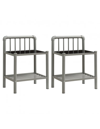 Comodini 2 pz Grigio e Nero in Metallo e Vetro