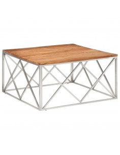 Tavolino Salotto Argento Acciaio Inox e Legno Massello Acacia 2