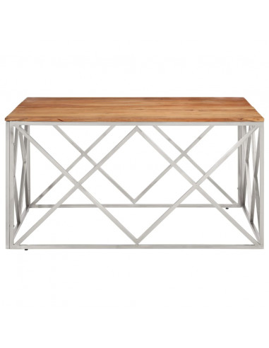 Tavolino Salotto Argento Acciaio Inox e Legno Massello Acacia