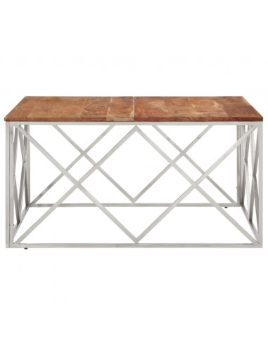 Tavolino Salotto Argento Acciaio Inox e Legno Massello Acacia