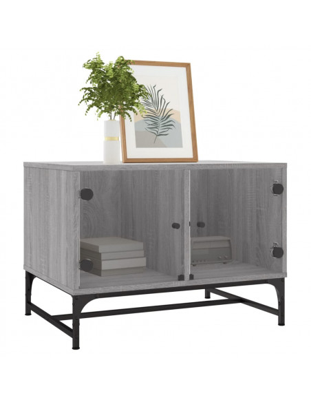 Tavolino Salotto con Ante in Vetro Grigio Sonoma 68,5x50x50 cm