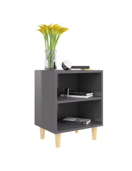 Comodino con Gambe in Legno Massello Grigio Lucido 40x30x50 cm