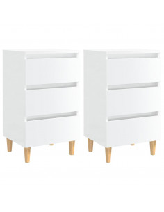 Comodini con Gambe in Legno 2pz Bianco Lucido 40x35x69 cm 2