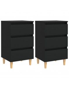 Comodini con Gambe in Legno Massello 2pz Neri 40x35x69 cm 2