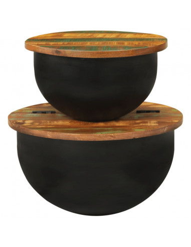 Set Tavolini da Salotto 2 pz Nero in Legno Massello di Recupero