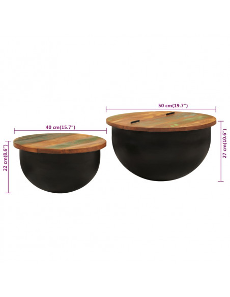 Set Tavolini da Salotto 2 pz Nero in Legno Massello di Recupero