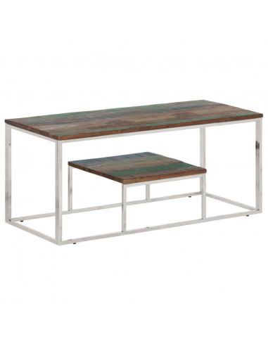 Tavolino Salotto Argento in Acciaio Inox e Legno di Recupero