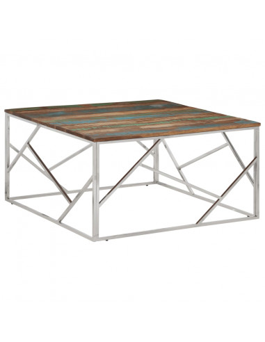 Tavolino Salotto Argento in Acciaio Inox e Legno di Recupero