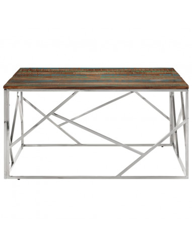 Tavolino Salotto Argento in Acciaio Inox e Legno di Recupero