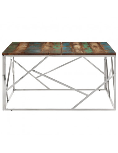 Tavolino Salotto Argento in Acciaio Inox e Legno di Recupero