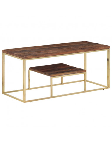 Tavolino Dorato in Acciaio Inox e Traverse in Legno Massello